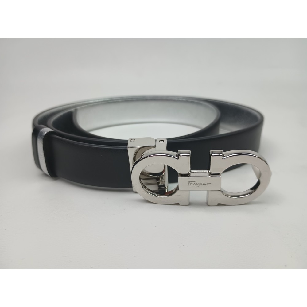 Salvatore Ferragamo Women's Gancini Buckle Silver Black Leather Belt Size 85 cm